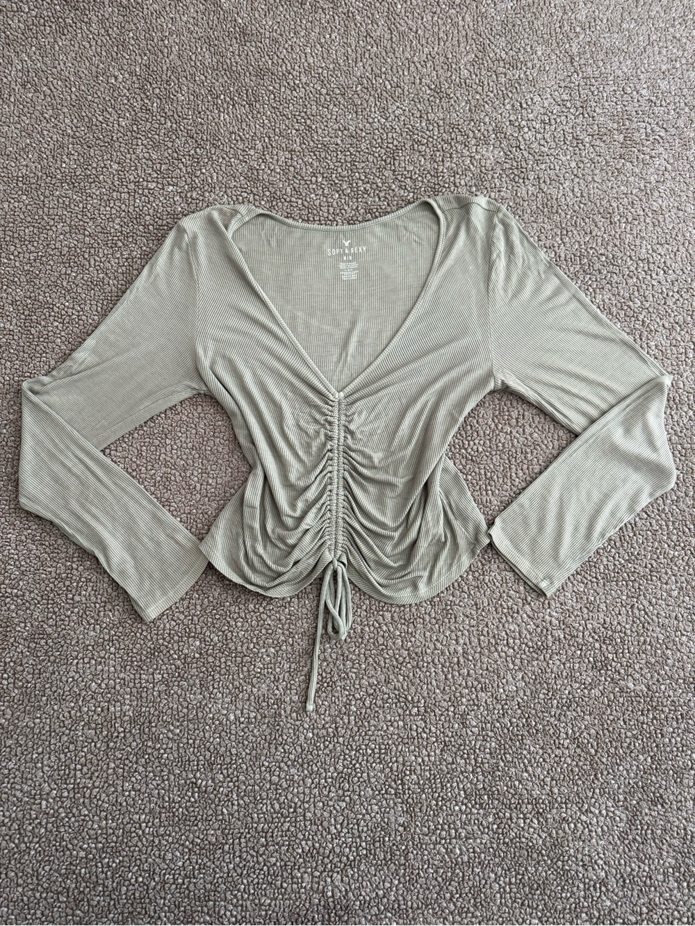 American Eagle Soft & Sexy Ribbed Cinched V-Neck Long Sleeve Top